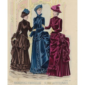 Impresión de moda parisina de 1883. Impresión de moda victoriana vintage. Obra de arte coloreada a mano. Impresión de moda del siglo XIX. Arte mural de moda femenina.