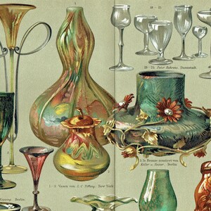 This antique German chromolithograph (color lithograph) features antique glassware designs, showcasing various art nouveau decorative glass items. Printed in Leipzig, Germany in 1903 for Meyers Konverstions-Lexikon. Decorative print home decor