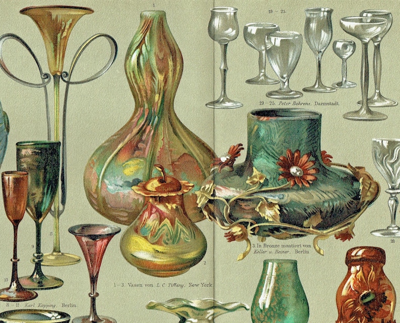 This antique German chromolithograph (color lithograph) features antique glassware designs, showcasing various art nouveau decorative glass items. Printed in Leipzig, Germany in 1903 for Meyers Konverstions-Lexikon. Decorative print home decor