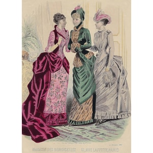 Impresión de moda de París de 1883. Impresión de moda victoriana vintage. Obra de arte coloreada a mano. Impresión de moda del siglo XIX. Arte mural de moda femenina.
