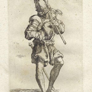 1780 Antique Etching Salvator Rosa Soldier In Armor Helmet Lancer Baroque Italian Print Classical Old Master Decor Warrior Artwork