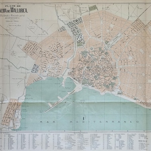 1913 SPANIEN PALMA de MALLORCA Vintage Karte Vintage Spanische Stadt Karte Balearen Inseln Poster Landkarte Fernweh Geschenkidee Spanien Große Karte