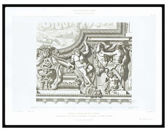 1862 Antique French Architectural Print Original Steel Engraving Architecture Wall Art French Baroque Print Apollo Gallery at the Louvre