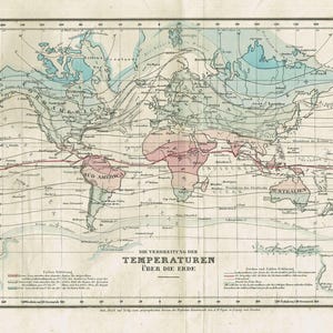 Carte du monde de la température de la terre de 1860, impression de carte du monde antique Lithographie originale du XIXe siècle, décoration de carte de lignes isothermes