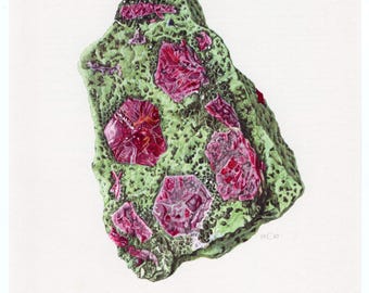 Stampa minerale di corindone del 1968, opera d'arte rocciosa vintage, decorazione per la casa a tema mineralogia, pietre preziose, regalo per geologo