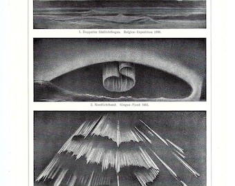 1903 Polar Lights Lithograph Original Antique Print Celestial Wall Art Astronomy Decor Aurora Borealis Print, Northern Lights