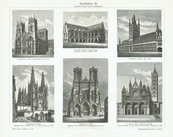 Gravura antiga de arquitetura gótica de 1897, arte de parede arquitetônica, obra de arte antiga, presente para arquitetos, amantes de catedrais europeias, decoração para casa, igreja.