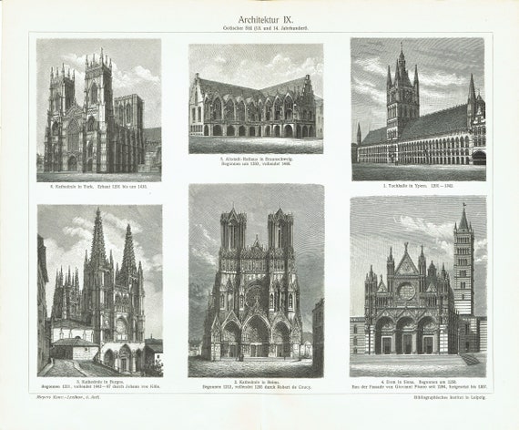 1897 GOTHIC Architecture Antique Print Architectural Wall Art