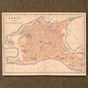 Antike Karte von Cádiz, Spanien, 1908 – Vintage-Stadtplan, spanischer Stadtplan, Stadtplan, Wanddekoration, Geschenkidee für Weltenbummler, Spanienkarte