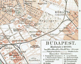 Carte Historique Budapest Hongrie 1896 Baedeker - Vintage 24.25x23 Cm - Déco Murale Neuf
