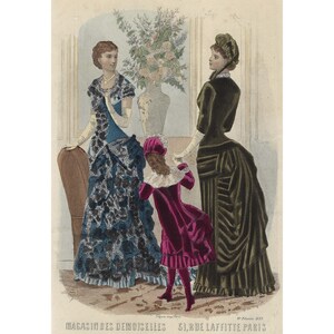 Impresión de moda parisina de 1883. Impresión de moda victoriana vintage. Obra de arte coloreada a mano. Impresión de moda del siglo XIX. Arte mural de moda femenina.