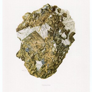 Peut inclure: Illustration d'un spécimen minéral de cryolite. L'œuvre représente un amas de structures cristallines dans des tons de brun, de beige et de blanc. Le minéral a un aspect rugueux et texturé, avec des zones translucides. Le texte "19 C67" est visible.