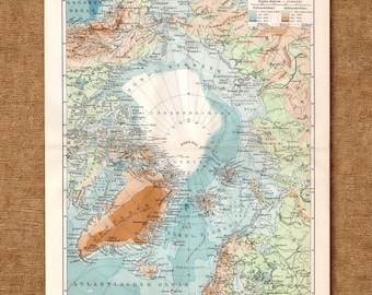 Pode incluir: Um mapa antigo intitulado NORD-POLARLÄNDER mostrando a região ártica. O mapa apresenta oceanos azul-claros, massas de terra ocre e uma área central branca rotulada como UNERFORSCHTES GEBIET. Inclui legenda e texto.