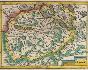 1607 AARGAU ARGOU, Switzerland antique citymap. Antique 17th century print. Original hand colored map. Jodocus Hondius, Mercator Atlas Minor