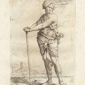 1780 Antique Etching Salvator Rosa Warrior Holding Pike Baroque Figurative Print Italian Old Master Art Classical Decor Wall Collectible