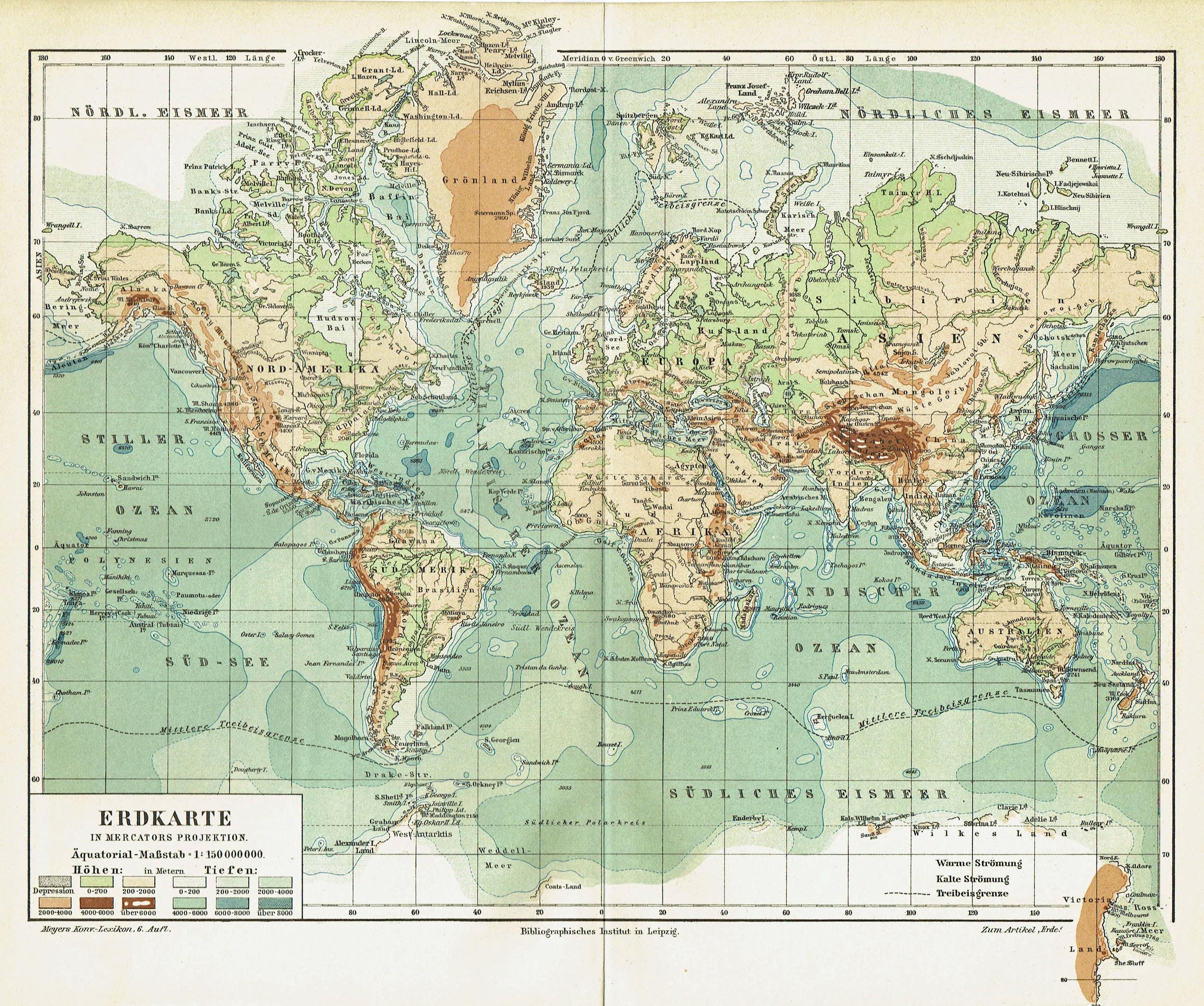 1903年製アンティーク世界地図（メルカトル図法）、ヴィンテージ自然