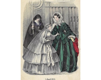 1855 deutsche MODE, Vintage-Druck, antike Mode-Lithographie, original deutscher Druck, Damenmode zur Kommunion, handkoloriert.