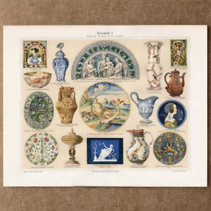 Può includere: Una stampa educativa vintage intitolata Keramik I che presenta vari oggetti in ceramica, tra cui vasi, piatti e brocche con illustrazioni dettagliate. La stampa mostra stili storici di ceramica con motivi complessi, disegni floreali e scene classiche in una varietà di colori su uno sfondo color crema.