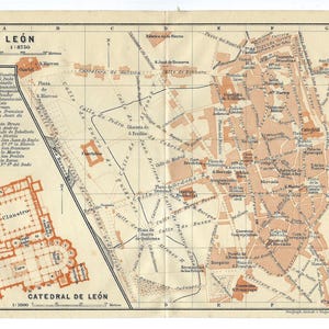 1913 SPAIN LEON Antique MAP Vintage City Map with Cathedral map Spanish City Street Map City Map Wallart Wanderlust Gift Idea Spain Map