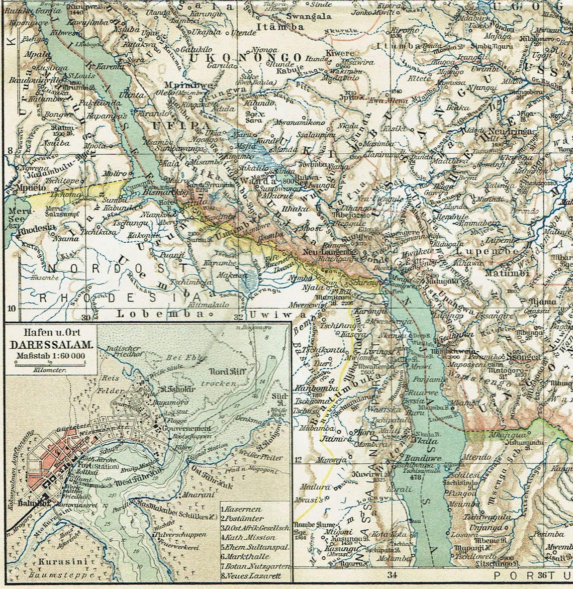 1903 Vintage German East Africa Map, Antique Tanzania and Rwanda Art ...