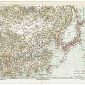 1903 Antike Landkarte von CHINA, JAPAN und KOREA Asien Geographie Karte Vintage Asiatische Karte Wanddekor chinesisches und japanisches Reich Original deutscher Druck