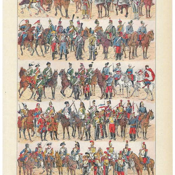 1922 CAVALRIE, leger, leger, oorlogspaarden - Originele antieke print Larousse - Vintage Franse illustratie - decoratie