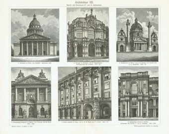 Może przedstawiać: Czarno-biała ilustracja przedstawiająca sześć różnych struktur architektonicznych. Struktury pochodzą z XVII i XVIII wieku i są w stylu barokowym i rokokowym. Ilustracje są oznaczone nazwą struktury i architektem.