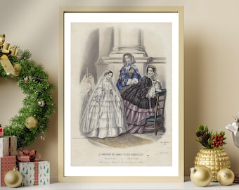 Estampado antiguo de moda parisina de 1855, arte mural victoriano vintage, ilustración coloreada a mano para decoración femenina.