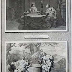 May include: Two black and white engravings depicting scenes from the Bible. The top image shows two men seated at a table with a lit candle. The bottom image shows two figures standing by a well.