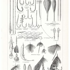Puede incluir: Una ilustración vintage de equipo de pesca, que incluye cañas, anzuelos, señuelos y moscas. La imagen está etiquetada como "Angelgeräte", que en alemán significa "equipo de pesca".