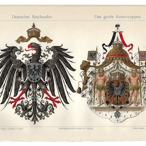 Puede incluir: Una ilustración vintage del Águila Imperial Alemana y el Gran Escudo de Armas del Imperio Alemán. El águila es negra con garras y pico rojos, y el escudo de armas presenta un escudo con un águila negra y una corona.