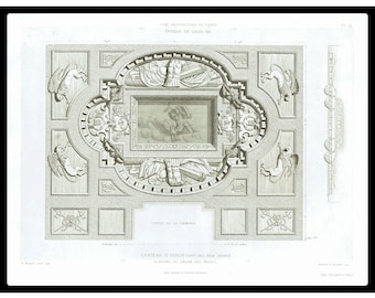 1862 Antique French Architectural Print Steel Engraving Original Home Decorating Baroque Wall Art Print Era of Louis XIII. 162 Years Old