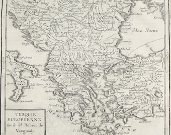 1750 EUROPEAN TURKEY antique map. Ottoman Empire. Greece, Bulgaria, Bosnia print. Original 18th century map. Robert de Vaugondy. 274 Years