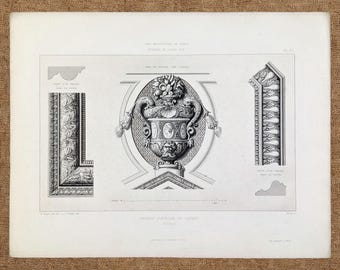 1862 French architecture print. Original steel engraving. Architectural wall art. Antique French Baroque print. Apollo Gallery at the Louvre