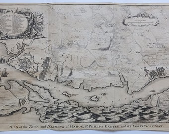 1751 SPAIN, BALEARIC ISLANDS, ORIGINAL antique map, plan of the port of Mahón, Menorca - original 18th century print, large wall art
