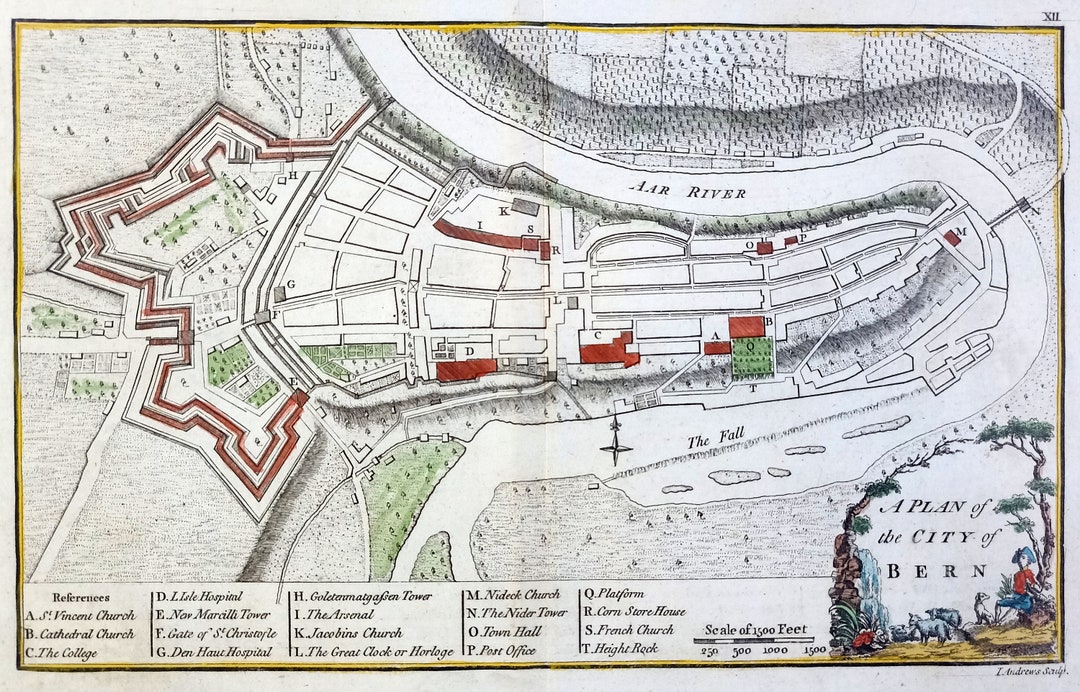 ヴィンテージバーゼル市地図 銅版画 スイスの都市 18世紀頃 アンティーク地図 1771 City of BERN. Switzerland Antique Map. Antique Hand Colored