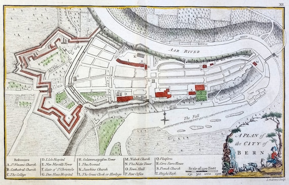 1771 City of BERN. Switzerland Antique Map. Antique Hand Colored