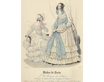 1840 PARIS FASHION print, lithographie de mode ancienne, estampe originale Français, mode estivale, colorée à la main,