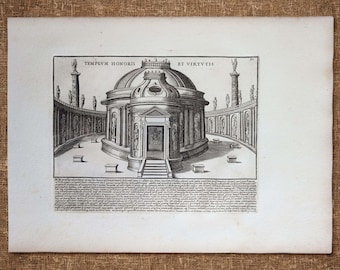 1641 Antique Ancient Rome Print, Temple of Honor, Original 17th Century Italian Engraving, Historical Italy Wall Art, 385 Years old print