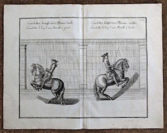1700 Antique Riding School Print Horse Copperplate Engraving Equestrian Exercises Illustration William Cavendish Artwork Over 300 Years Old