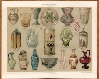 1903 Antique Glassware Print Vintage Glass Decor Historic Vases Illustration Decorative Art Print Museum Style Wall Home Decor
