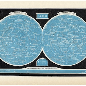 Könnte beinhalten: Eine Vintage-Sternkarte, die die Sternbilder der nördlichen und südlichen Hemisphäre zeigt. Die Karte ist auf blauem Hintergrund mit weißen Linien und Text gedruckt. Der Titel der Karte lautet "Le Ciel" und der Text "Ciel (Planisphère Céleste)" ist rechts auf der Karte gedruckt.