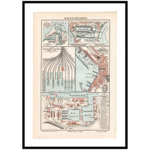 Peut inclure: Une impression encadrée d'une carte vintage intitulée "Hafenanlagen" présentant des plans de ports détaillés. L'impression comprend diverses cartes de villes portuaires avec des étiquettes textuelles et des détails architecturaux, en bleu, rouge et beige.