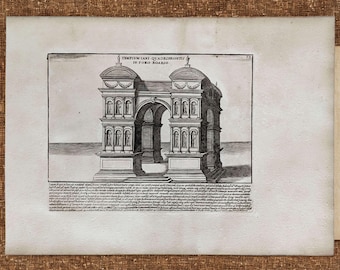 Idea de arte mural para biblioteca o sala de estudio: lámina de arquitectura antigua de Roma, Arco de Jano, grabado en cobre, histórico, 1641. Decoración de oficina.