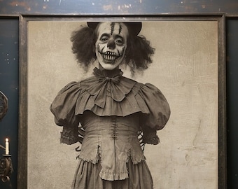 Gruseliger Clown Antik Zirkus Poster Tin Type Style Print Karneval Dekor Sepia Schwarz und Weiß Grunge und rustikales Cottage Vertikales Matt Poster