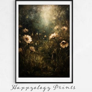 May include: Framed art print featuring a dark, moody landscape with soft, beige flowers and tall grasses. The artwork has a painterly quality with a focus on light and shadow. The text "Happyology Prints" is at the bottom.