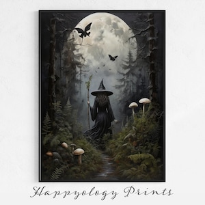 May include: A framed print showing a witch in a black dress and hat in a dark forest. A large full moon and butterflies are in the background. The print has a gothic, fantasy theme. The text "Happyology Prints" is at the bottom.