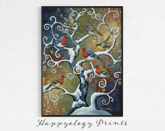 Colorful Tree Birds Print - Playful Folk Art Painting (Digital Download)