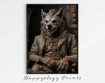 Pode incluir: Impressão emoldurada com um lobisomem em casaco e colete castanhos, sentado numa cadeira de madeira. A obra de arte tem uma estética vintage, com o texto "Happyology Prints" na parte inferior.