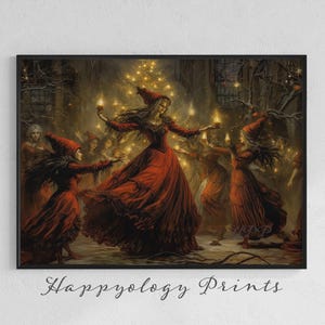 May include: A framed print featuring a fantasy scene of figures in red dresses and hats dancing with candles. The artwork has a warm color palette with a focus on the figures and the soft glow of the candles. The text "Happyology Prints" is at the bottom.